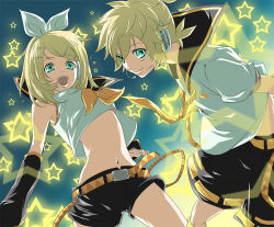 Rule 34 | 1boy, 1girl, bad id, bad pixiv id, belt, blonde hair, brother and sister, detached sleeves, green eyes, hair ornament, hairclip, headphones, kagamine len, kagamine rin, midriff, navel, open mouth, peony, ribbon, short hair, shorts, siblings, smile, star (symbol), twins, vocaloid