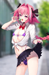Rule 34 | 1boy, aka syakkou, astolfo (fate), bikini, blurry, blurry background, bow, bowtie, braid, braided ponytail, bulge, candy, choker, clothes lift, crossdressing, fang, fate/grand order, fate (series), food, front-tie shirt, gyaru, hair bow, hair intakes, highres, lifting own clothes, lollipop, micro bikini, miniskirt, multicolored hair, muscular, muscular male, nail polish, navel, outdoors, panties, penis, penis in panties, pink eyes, pink hair, pleated skirt, purple bikini, school uniform, shirt, single braid, skirt, skirt lift, small penis, solo, streaked hair, string bikini, swimsuit, thighs, thong, thong bikini, tied shirt, trap, underwear