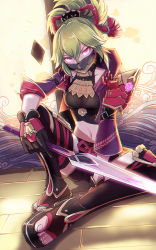 Rule 34 | 1girl, architecture, armor, black gloves, black thighhighs, cai yuan, commentary request, east asian architecture, genshin impact, gloves, green hair, hair between eyes, hair ornament, highres, holding, holding sword, holding weapon, kuki shinobu, long hair, long sleeves, looking at viewer, m legs, mask, mouth mask, navel, ninja, ponytail, purple eyes, rope, shimenawa, short shorts, shorts, shouji, shoulder armor, sidelocks, sitting, sliding doors, solo, stomach, sword, thighhighs, toes, weapon, wooden floor, zettai ryouiki