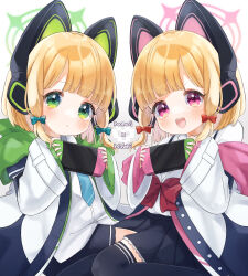 Rule 34 | 2girls, animal ear headphones, animal ears, aqua bow, black shorts, black skirt, black thighhighs, blonde hair, blue archive, blue necktie, blush, bow, cat ear headphones, fake animal ears, green eyes, green halo, green hood, hair bow, halo, handheld game console, hands up, headphones, heart, highres, holding, holding handheld game console, jacket, looking at viewer, low-tied sidelocks, midori (blue archive), momoi (blue archive), multiple girls, nanakusa yomogi, necktie, nintendo switch, open mouth, pink eyes, pink halo, pink hood, pixel heart, red bow, shirt, short hair, shorts, siblings, sisters, sitting, skirt, smile, suspenders, thighhighs, twins, wariza, white background, white jacket, white shirt