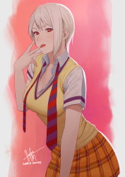 Rule 34 | 10s, 1girl, artist name, breasts, cardigan, carlo montie, cleavage, dress shirt, licking finger, highres, large breasts, licking, looking at viewer, nakiri alice, necktie, open clothes, open shirt, orange skirt, plaid, plaid skirt, pleated skirt, red eyes, shirt, shokugeki no souma, short hair, short sleeves, signature, silver hair, skirt, solo, tongue, tongue out, undone necktie
