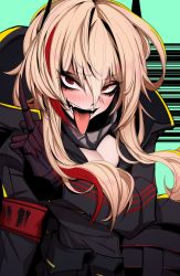 Rule 34 | 1girl, armband, armored gloves, black jacket, blonde hair, breasts, cleavage, commentary, english commentary, fangs, girls&#039; frontline, gloves, hair between eyes, headgear, j.k., jacket, long hair, long tongue, looking at viewer, m4 sopmod ii (girls&#039; frontline), medium breasts, middle finger, multicolored hair, open mouth, red eyes, red hair, smile, solo, streaked hair, tongue, tongue out, upper body