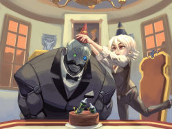 Rule 34 | 1boy, 1girl, aged down, ashe (overwatch), birthday, birthday cake, birthday party, black neckwear, bob (overwatch), bow, bowing, bowtie, cake, candle, chair, chandelier, clothed robot, dressing another, eyeliner, facial hair, food, formal, friendly mutton chops, green eyes, hair between eyes, hat, highres, makeup, mole, monocle, mustache, oil, overwatch, overwatch 1, painting (object), pants, party hat, phantom ix row, plaque, pocket square, reaching, red eyes, robot, shirt, short hair, size difference, standing, standing on one leg, suit, sunset, table, untucked shirt, vest, white hair, window