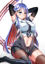 Rule 34 | 1girl, absurdres, anchor, arms behind head, artist name, asymmetrical legwear, black footwear, black necktie, black skirt, blue hair, boots, breasts, highres, kantai collection, katou shinobu, kneeling, large breasts, long hair, looking at viewer, multicolored hair, necktie, open clothes, red hair, single thigh boot, skirt, smile, solo, south dakota (kancolle), star (symbol), thigh boots, thighhighs, uneven legwear