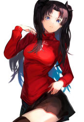 Rule 34 | 1girl, black hair, black ribbon, black skirt, black thighhighs, blue eyes, breasts, closed mouth, commentary request, cross print, fate/stay night, fate (series), hair ribbon, hand up, long sleeves, looking at viewer, nasubin (nasubisamurai15), pleated skirt, red sweater, ribbon, shadow, simple background, skirt, solo, sweater, thighhighs, tohsaka rin, turtleneck, turtleneck sweater, twintails, two side up, white background, zettai ryouiki