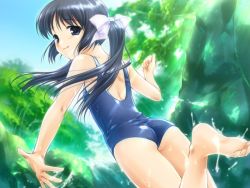 Rule 34 | 1girl, ass, barefoot, blue eyes, blue hair, blue one-piece swimsuit, day, dutch angle, feet, game cg, hair ribbon, long hair, looking at viewer, looking back, midorigafuchi, mishima seri, mizui kaou, one-piece swimsuit, outdoors, ribbon, school swimsuit, smile, soles, solo, splashing, standing, standing on one leg, swimsuit, toes, twintails, water, wet, white ribbon