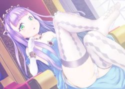 Rule 34 | 10s, 1girl, :o, ass, blue dress, blush, breasts, dress, elbow gloves, feet, gloves, green eyes, long hair, minisuka to niku daigaku, no shoes, outbreak company, panties, pantyshot, petralka anne eldant iii, purple hair, sitting, small breasts, solo, thighhighs, throne, toes, underwear, white panties, white thighhighs