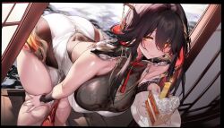 Rule 34 | 1girl, anniversary, ass, bare shoulders, bent over, black hair, breasts, cake, cake slice, candle, character request, closed mouth, copyright request, food, highres, holding, holding plate, large breasts, long hair, plate, smile, solo, xiaoluo xl, yellow eyes