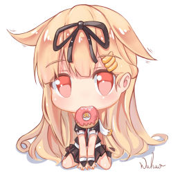 Rule 34 | 1girl, artist name, between legs, black ribbon, black serafuku, black shirt, black skirt, black socks, blonde hair, blunt bangs, blush, brown footwear, chibi, commentary request, doughnut, food, full body, hair flaps, hair ornament, hair ribbon, hairclip, hand between legs, highres, kantai collection, kneehighs, long hair, looking at viewer, motion lines, mouth hold, own hands together, pleated skirt, red eyes, ribbon, saliva, scarf, school uniform, serafuku, shirt, shoes, short sleeves, sitting, skirt, socks, solo, tareme, v arms, very long hair, wariza, wuhuo, yuudachi (kancolle), yuudachi kai ni (kancolle)