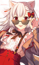 Rule 34 | 1girl, :p, adjusting eyewear, animal ears, bell, black ribbon, bow, braid, cat ears, copyright request, grey jacket, hair bell, hair bow, hair ornament, happy birthday, highres, jacket, jingle bell, long hair, looking at viewer, neck ribbon, open clothes, open jacket, red bow, red eyes, red skirt, ribbon, sekina, shirt, skirt, smile, solo, sunglasses, suspender skirt, suspenders, tongue, tongue out, white hair, white shirt