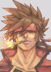 Rule 34 | 1boy, brown hair, guilty gear, guilty gear xrd, highres, levvellevvel, long hair, looking at viewer, male focus, mouth hold, red eyes, sol badguy