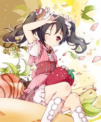 Rule 34 | 10s, 1girl, ;), black hair, blush, bondson, cake, dress, food, fruit, heart, lace, long hair, love live!, love live! school idol project, m/, one eye closed, oversized object, puffy short sleeves, puffy sleeves, red eyes, short sleeves, shorts, sitting, smile, solo, strawberry, striped clothes, striped dress, twintails, wink, yazawa nico