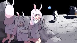 Rule 34 | 1other, 3girls, animal ears, astronaut, barefoot, blunt bangs, chibikki, dot nose, dress, earth (planet), finger to mouth, hand to own mouth, highres, hugging own legs, index finger raised, kneeling, knees up, long hair, long sleeves, looking at viewer, moon, moon rabbit, multiple girls, on moon, open mouth, original, pixel art, planet, rabbit ears, rabbit girl, red eyes, shushing, sitting, space, spacecraft, spacesuit, standing, white dress, white hair, wide sleeves