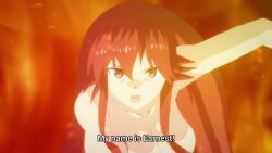 Rule 34 | 1girl, animated, anime screenshot, arm up, breasts, collarbone, completely nude, earnest flaming, eiyuu kyoushitsu, fire, hair between eyes, hair over breasts, highres, holding, holding sword, holding weapon, large breasts, long hair, looking at viewer, navel, nude, pointing weapon, red eyes, red hair, screencap, sound, stomach, subtitled, sword, tagme, thighs, toned, toned female, toned stomach, video, weapon