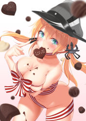 Rule 34 | 10s, 1girl, absurdres, anchor hair ornament, blonde hair, blush, breast hold, breasts, candy, chocolate, chocolate heart, chocolate on body, chocolate on breasts, chocolate on face, food, food on body, food on face, gradient background, green eyes, hair ornament, hat, heart, highres, kantai collection, large breasts, long hair, looking at viewer, low twintails, md5 mismatch, mirea, mouth hold, naked ribbon, navel, peaked cap, pointing, pointing at self, prinz eugen (kancolle), renka (llawliet39), revision, ribbon, smile, solo, striped ribbon, twintails, valentine