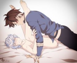 Rule 34 | 2boys, anal, ass, barefoot, bed, clenched teeth, clothed male nude male, feet, lying, male focus, male penetrated, mikleo (tales), multiple boys, nude, sex, shailo, sorey (tales), tales of (series), tales of zestiria, teeth, toes, yaoi