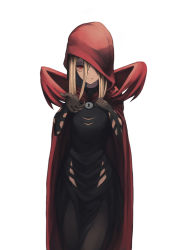 Rule 34 | 1girl, bad id, bad pixiv id, black pantyhose, blonde hair, breasts, cape, dress, evileye (overlord), fang, hair between eyes, hair over one eye, hand on breast, hood, looking at viewer, overlord (maruyama), pantyhose, reaching, reaching towards viewer, red cape, red eyes, sakuyaneru3269, simple background, thighhighs, thighs, vampire, white background