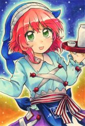 Rule 34 | 1girl, animal hat, animal print, apron, blue apron, blue hat, blue shirt, bottle, breasts, choker, choko (cup), collared shirt, commentary request, cup, fish print, frilled sleeves, frills, green eyes, happy, hat, highres, holding, holding tray, long sleeves, maa (forsythia1729), marker (medium), medium breasts, ofuda, ofuda on clothes, okunoda miyoi, open mouth, pink hair, purple skirt, sake bottle, shirt, short hair, skirt, touhou, traditional media, tray, whale hat, whale print, zashiki-warashi
