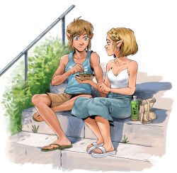 Rule 34 | :t, bag, blonde hair, blue eyes, braid, camisole, casual, commentary, contemporary, crown braid, day, earrings, english commentary, food, full body, green tea, hair ornament, hairclip, highres, jewelry, light brown hair, link, long skirt, malin falch, nintendo, no bra, outdoors, plastic bottle, pointy ears, princess zelda, sandals, sharing food, short hair, shorts, sidelocks, sitting, skirt, smile, solo, stairs, summer, takoyaki, tan, tank top, tea, the legend of zelda, the legend of zelda: breath of the wild, the legend of zelda: tears of the kingdom, toenails, toothpick
