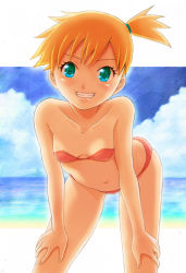 Rule 34 | 1girl, bent over, bikini, blush, breasts, cleavage, collarbone, creatures (company), game freak, green eyes, grin, gym leader, hands on own knees, looking at viewer, misty (pokemon), navel, nintendo, one side up, orange hair, pavelnedved11, pokemon, pokemon rgby, red bikini, small breasts, smile, solo, standing, strapless, strapless bikini, striped bikini, striped clothes, swimsuit
