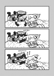 Rule 34 | 10s, 2girls, 3koma, :3, animal ears, biting, blush stickers, bow, bowtie, comic, common raccoon (kemono friends), ear biting, elbow gloves, closed eyes, fang, fennec (kemono friends), fox ears, fur collar, gloves, greyscale, highres, kemono friends, kotobuki (tiny life), looking at another, lying, monochrome, multiple girls, on back, outdoors, pleated skirt, puffy short sleeves, puffy sleeves, raccoon ears, raccoon tail, short hair, short sleeves, silent comic, skirt, sleeping, smile, tail, translation request, vest, zzz
