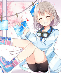 Rule 34 | 1girl, ^ ^, absurdres, amidada, bike shorts, black shorts, blue cardigan, blue footwear, blue neckwear, blue sailor collar, blush, cardigan, closed eyes, clothes pin, dress, facing viewer, flying saucer, goggles, goggles around neck, grey hair, grin, highres, holding, idolmaster, idolmaster shiny colors, inline skates, knee up, long sleeves, open cardigan, open clothes, photo (object), pointing, roller skates, sailor collar, sailor dress, serizawa asahi, short shorts, shorts, shorts under dress, skates, sleeves past wrists, smile, socks, solo, spacecraft, ufo, white dress, white socks