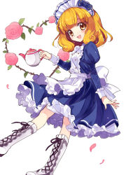 Rule 34 | 10s, 1girl, :d, blonde hair, blue dress, boots, bow, cross-laced footwear, dress, flower, frilled dress, frills, hairband, heart, holding, kise yayoi, knee boots, lace-up boots, looking at viewer, maid, maid headdress, open mouth, petals, precure, ribbon, rose, rose petals, simple background, smile, smile precure!, solo, teapot, thorns, white background, white hairband, yellow eyes, yukiwo
