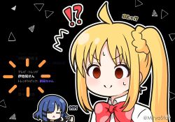 Rule 34 | !?, &gt;:), 2girls, :o, ^^^, afterimage, ahoge, black background, blonde hair, blue hair, bocchi the rock!, bow, braid, closed eyes, closed mouth, collared shirt, commentary request, hair ornament, hairclip, ijichi nijika, long hair, mitya, motion lines, multiple girls, notice lines, outline, parted bangs, parted lips, red bow, red eyes, shirt, side ponytail, simple background, smile, sweat, translation request, twitter, twitter username, v-shaped eyebrows, white outline, white shirt, yamada ryo