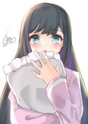 Rule 34 | 1girl, alternate costume, asashio (kancolle), black hair, blue eyes, calin, commentary request, dated, highres, kantai collection, long hair, looking at viewer, hugging object, pajamas, pillow, pillow hug, signature, simple background, solo, upper body, white background