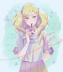 Rule 34 | 1girl, aruba, blonde hair, blue eyes, blush, drink, long hair, persona, persona 5, shirt, simple background, solo, sweater, takamaki anne, twintails
