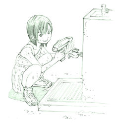Rule 34 | 1girl, drinking fountain, faucet, fountain, green theme, monochrome, original, sketch, solo, traditional media, water gun, yoshitomi akihito