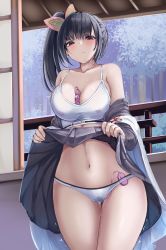Rule 34 | 1girl, absurdres, architecture, between breasts, black hair, blush, bra, breasts, butterfly hair ornament, clothes lift, east asian architecture, hair ornament, highres, kimetsu no yaiba, large breasts, lifted by self, long hair, looking at viewer, monikano, navel, open clothes, open shirt, panties, purple eyes, pussy juice, remote control vibrator, sex toy, side ponytail, skirt, skirt lift, solo, sports bra, trembling, tsuyuri kanao, underwear, vibrator, vibrator under clothes, vibrator under panties, white bra, white panties