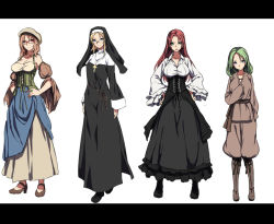 Rule 34 | 4girls, aqua eyes, bare shoulders, blonde hair, boots, breasts, collarbone, corset, cross, detached sleeves, full body, green eyes, green hair, hands on own hips, high heels, jewelry, large breasts, long hair, multiple girls, nagioka, necklace, nun, original, red hair, smile, standing, traditional nun, white background