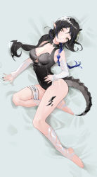 Rule 34 | 1girl, absurdres, arknights, bare shoulders, bed sheet, black hair, black nails, black one-piece swimsuit, blacknight (arknights), blacknight (summer flower) (arknights), blue hair, braid, breasts, brown eyes, casual one-piece swimsuit, cleavage, detached sleeves, full body, hand on own hip, highres, horns, large breasts, long hair, long sleeves, looking at viewer, lying, material growth, medium breasts, mole, mole on breast, mole under eye, multicolored hair, nail polish, on bed, on side, one-piece swimsuit, oripathy lesion (arknights), parted bangs, parted lips, side braid, solo, stirrup legwear, swimsuit, tail, thigh strap, toeless legwear, two-tone hair, zhudouzi