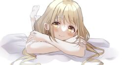 Rule 34 | 1girl, barefoot, blonde hair, blush, commentary request, crossed arms, feet, feet up, futaba anzu, highres, idolmaster, idolmaster cinderella girls, long hair, looking at viewer, lying, natu 28 natu, on stomach, parted lips, sketch, smile, soles, solo, toes, twintails, white background, yellow eyes