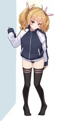 Rule 34 | 1girl, absurdres, ahoge, black jacket, black thighhighs, blonde hair, blue archive, blush, brown eyes, buruma, closed mouth, full body, halo, highres, jacket, long sleeves, looking at viewer, medium hair, no shoes, open clothes, open jacket, sjuno, sleeves past wrists, solo, standing, thighhighs, tiptoes, twintails, yoshimi (blue archive)