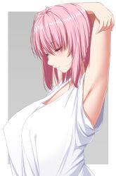 Rule 34 | 1girl, absurdres, arm behind head, armpits, arms up, blush, border, breasts, closed eyes, closed mouth, commentary, covered erect nipples, from side, hair between eyes, highres, large breasts, lips, nori tamago, pink hair, saigyouji yuyuko, short hair, solo, stretching, tank top, touhou, white border, white tank top