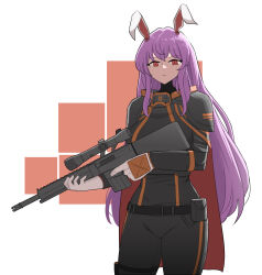 Rule 34 | 1girl, animal ears, black bodysuit, bodysuit, expressionless, gun, highres, holding, holding gun, holding weapon, long hair, mata (matasoup), pouch, purple hair, rabbit ears, red eyes, reisen udongein inaba, rifle, scope, sniper rifle, solo, sr-25, thigh pouch, touhou, weapon, white background