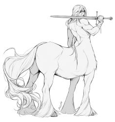 Rule 34 | 1boy, animal ears, artist name, bandaged hand, bandaged wrist, bandages, centaur, closed mouth, cutesofa2, full body, greyscale, hand up, holding, holding sword, holding weapon, hooves, horse tail, long hair, looking at viewer, looking back, male focus, monochrome, monster boy, muscular, muscular male, original, over shoulder, simple background, solo, standing, sword, sword over shoulder, tail, taur, weapon, weapon over shoulder, white background