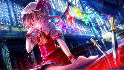 Rule 34 | 1girl, ascot, barefoot, blonde hair, blood, church, crystal, flandre scarlet, frilled skirt, frills, hat, hat ribbon, indoors, knife, looking at viewer, mob cap, pew, plaid, plaid skirt, plant, ponytail, puffy sleeves, red eyes, ribbon, ryosios, shirt, short hair, short sleeves, side ponytail, sitting, skirt, skirt set, smile, solo, stained glass, tongue, tongue out, touhou, vest, vines, window, wings, wrist cuffs