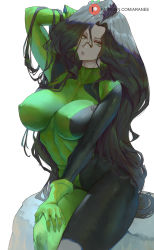 Rule 34 | 1girl, araneesama, belt, black bodysuit, black hair, bodysuit, breasts, colored skin, covered erect nipples, covered navel, gloves, green bodysuit, green eyes, green gloves, highres, kim possible (series), large breasts, long hair, looking at viewer, multicolored bodysuit, multicolored clothes, nipple piercing, parted lips, piercing, shego, sitting, solo, thighs, two-tone bodysuit, very long hair, white skin