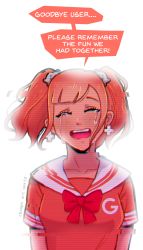 Rule 34 | 1girl, absurdres, artist name, artist request, bad google+ id, bad id, bow, closed eyes, crying, english text, glitch, google, google+, highres, red bow, red hair, smile, solo, white background