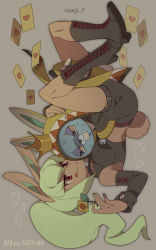 Rule 34 | 10s, 1girl, anger vein, animal ears, artist name, blue eyes, boots, breasts, rabbit ears, bunny mint, rabbit tail, card, choker, crown, dated, detached sleeves, green hair, heart, high ponytail, licking lips, long hair, midriff, playing card, red eyes, romaji text, sg (suuchan), shorts, tail, tongue, tongue out, twitter username, upside-down, usapyon, usapyon q, traditional youkai, youkai watch