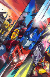 Rule 34 | 1980s (style), 5boys, aircraft, airplane, autobot, blue eyes, comic cover, commentary, cover image, decepticon, english commentary, flying, grimlock, looking at viewer, marble-v, mecha, megatron, mixed-language commentary, multiple boys, no humans, official art, oldschool, open mouth, optimus prime, pink eyes, retro artstyle, robot, rodimus, rui onishi, science fiction, skywarp, starscream, surprised, textless version, the transformers (idw), thundercracker, transformers, v-fin, visor