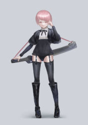 Rule 34 | 1girl, bad id, bad pixiv id, black footwear, black panties, black ribbon, boots, closed mouth, commentary request, full body, garter straps, grey background, hand up, izna (iznatic), juliet sleeves, knee boots, long sleeves, looking at viewer, neck ribbon, original, panties, pink eyes, pink hair, puffy sleeves, ribbon, short hair, simple background, smile, solo, sword, thighhighs, underwear, weapon, weapon on back