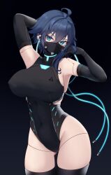 Rule 34 | 1girl, absurdres, ahoge, android, arm up, armpits, bare shoulders, black background, black gloves, black thighhighs, blue eyes, blue hair, breasts, commentary request, commission, covered erect nipples, covered mouth, covered navel, cowboy shot, elbow gloves, gloves, gluteal fold, highres, large breasts, looking at viewer, masaki nanaya, mask, medium hair, mouth mask, original, robot, science fiction, simple background, skeb commission, slit pupils, solo, thighhighs, thighs