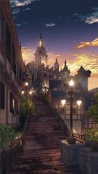 Rule 34 | building, cloud, cloudy sky, commentary request, dusk, fantasy, highres, lantern, no humans, original, outdoors, scenery, signature, sky, stairs, star (sky), starry sky, waisshu (sougyokyuu)