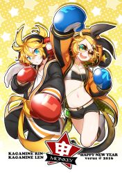 Rule 34 | 10s, 1boy, 1girl, 2016, ;d, animal hood, bandaid, bandaid on face, bandaid on nose, bandeau, blonde hair, blue eyes, boxing gloves, brother and sister, character name, digital media player, earbuds, earphones, happy new year, hood, hoodie, kagamine len, kagamine rin, monkey hood, monkey tail, new year, one eye closed, open mouth, short shorts, shorts, siblings, smile, star (symbol), strapless, sunglasses, tail, towel, tube top, twins, verus, vocaloid