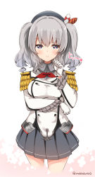 Rule 34 | 10s, 1girl, blue eyes, gloves, hat, heart, heart-shaped pupils, kantai collection, kashima (kancolle), long hair, military, military uniform, miniskirt, pleated skirt, silver hair, skirt, smile, solo, suzuki toto, symbol-shaped pupils, twintails, uniform, wavy hair