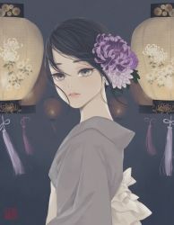 Rule 34 | 1girl, black hair, blue background, brown eyes, chrysanthemum print, commentary request, daisy, dark background, floral print, flower, from side, grey background, grey kimono, hair flower, hair ornament, highres, japanese clothes, kikumon, kimono, lantern, looking at viewer, looking to the side, obi, original, paper lantern, parted lips, purple flower, sash, seal impression, short hair, solo, spider lily, standing, tassel, upper body, ushiyama ame, white flower, white spider lily
